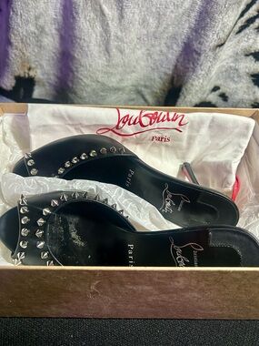 Christian Louboutin Black Leather Studded Open-Toe Slide Heels